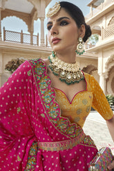 Pink and Mustard Silk Traditional Woven Lehenga with Banarasi Dupatta